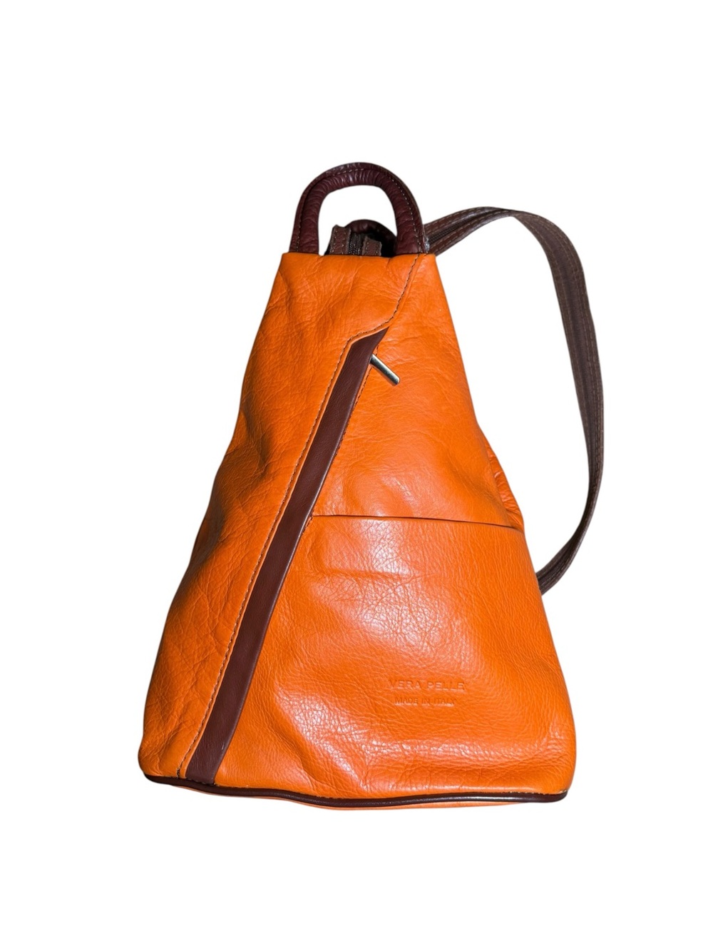 Vera Pelle Italian Leather Triangle Sling Backpack Bag Orange